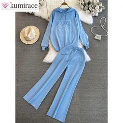 Fashion Suit Women's Korean Version Loose Knit Hooded Sweatshirt Two-piece Set Casual High Waist Slimming Straight Leg Wide Leg