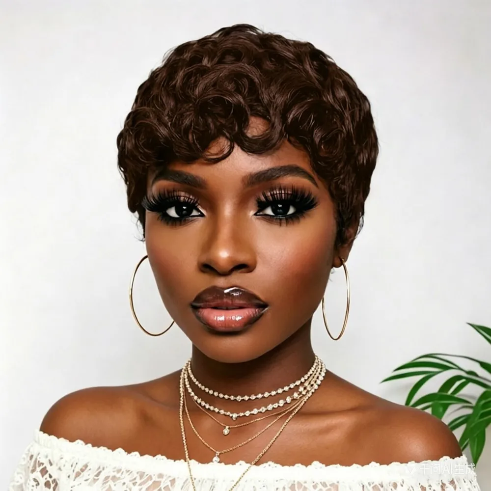 

pixie wig black curly short human hair wig machine made human hair wigs for women pixie cut hair wig