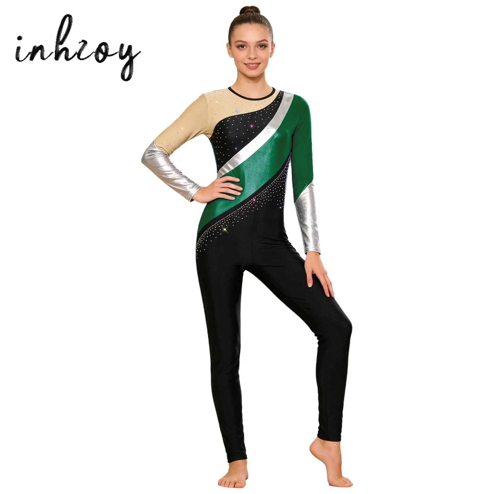 

Women Figure Skating Full Length Leotard Long Sleeve Shiny Rhinestones Ballet Dance Jersey Jumpsuit Gymnastics Rhythmic Costume