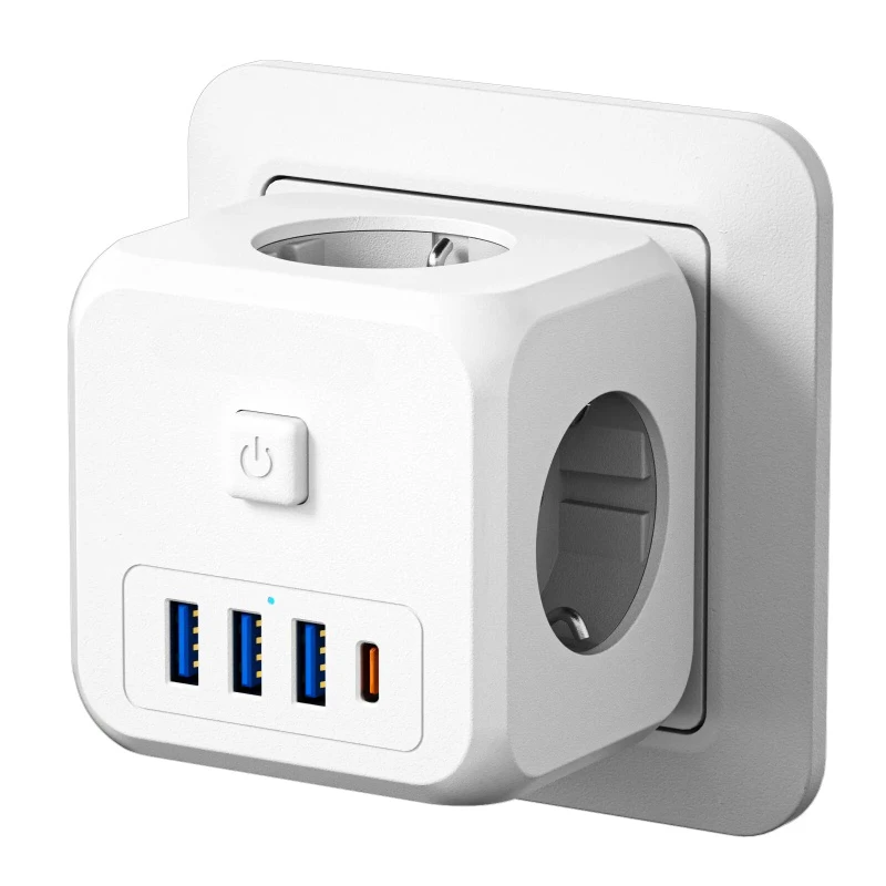 for LENCENT Wall Socket Extender with 3 AC Outlets 3 USB Ports And1 Type C 7-in-1 EU Plug Charger On/Off Switch for Home