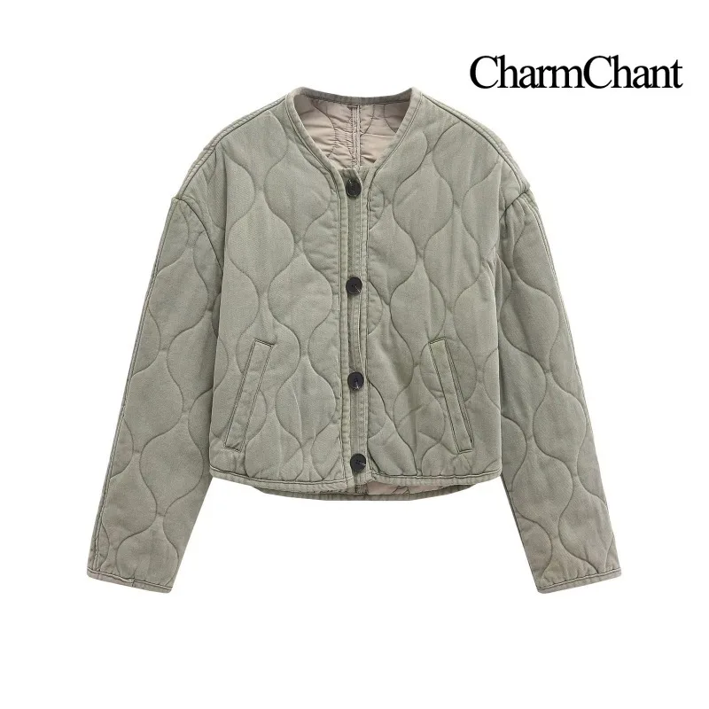 

CharmChant Women's Green Quilted Jacket Cotton Washed & Distressed Padding Winter Coat Bomber New in Top Warm Parkas Outerwears