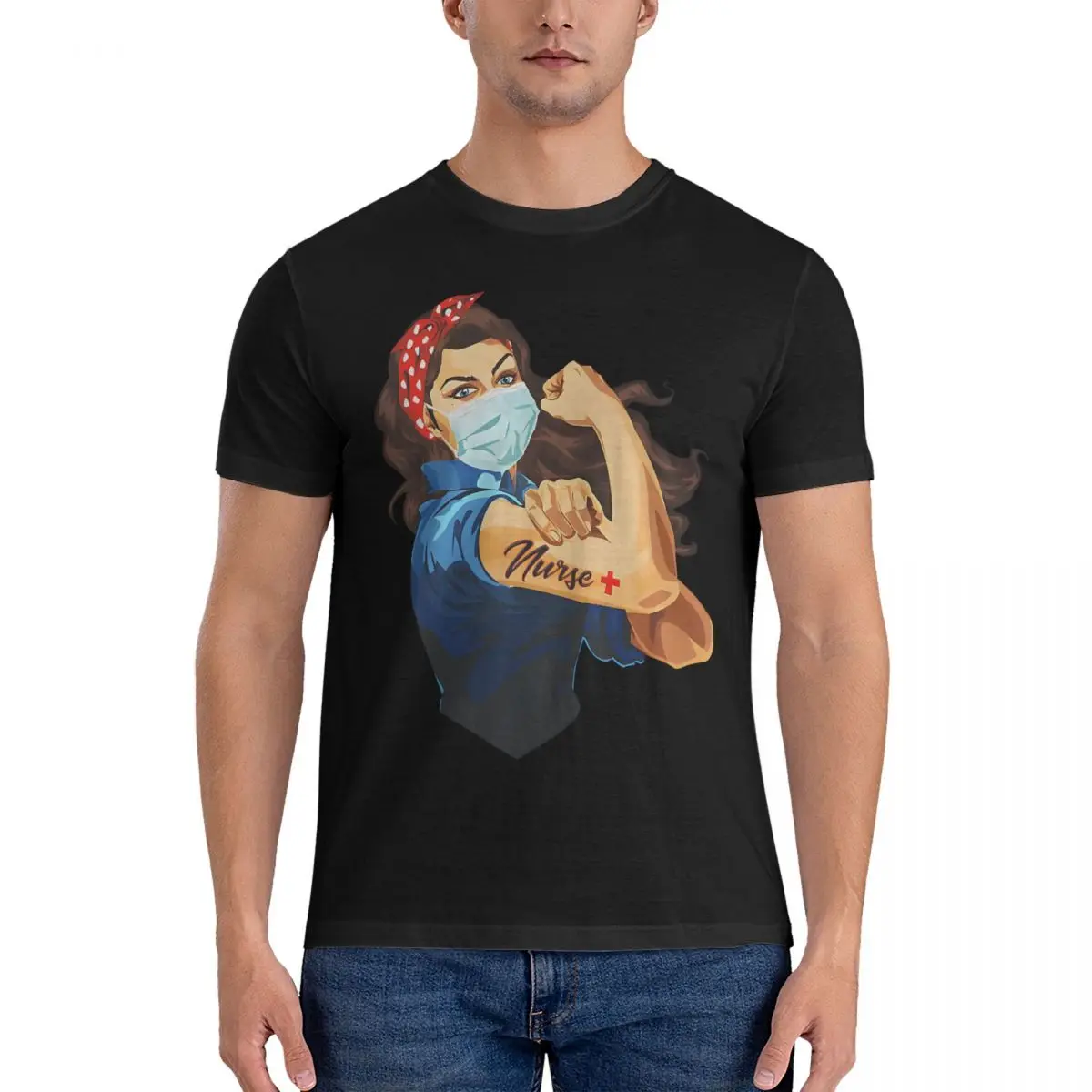 Mask Style T-Shirts for Men Rosie the Riveter Cool 100% Cotton Tee Shirt O Neck Short Sleeve T Shirt Printing Clothing