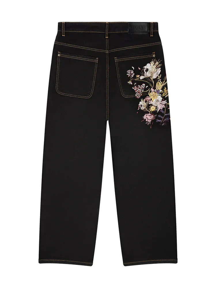 

Floral Embroidered Casual Jeans Women's Straight Leg Denim Pants Comfortable Natural Waist Zipper Closure Medium Weight Blue