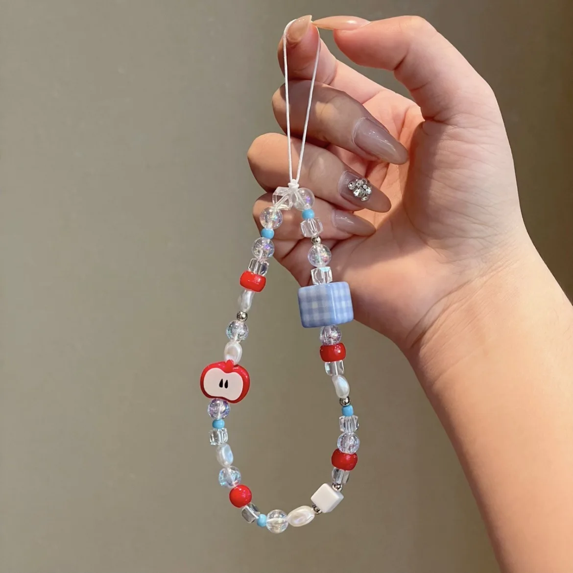 Ins Hot Selling Blue Grid Square Red Apple Phone Case Hanging Rope Chain Camera Cup Key Hanging Rope DIY Handmade Bead Pendant