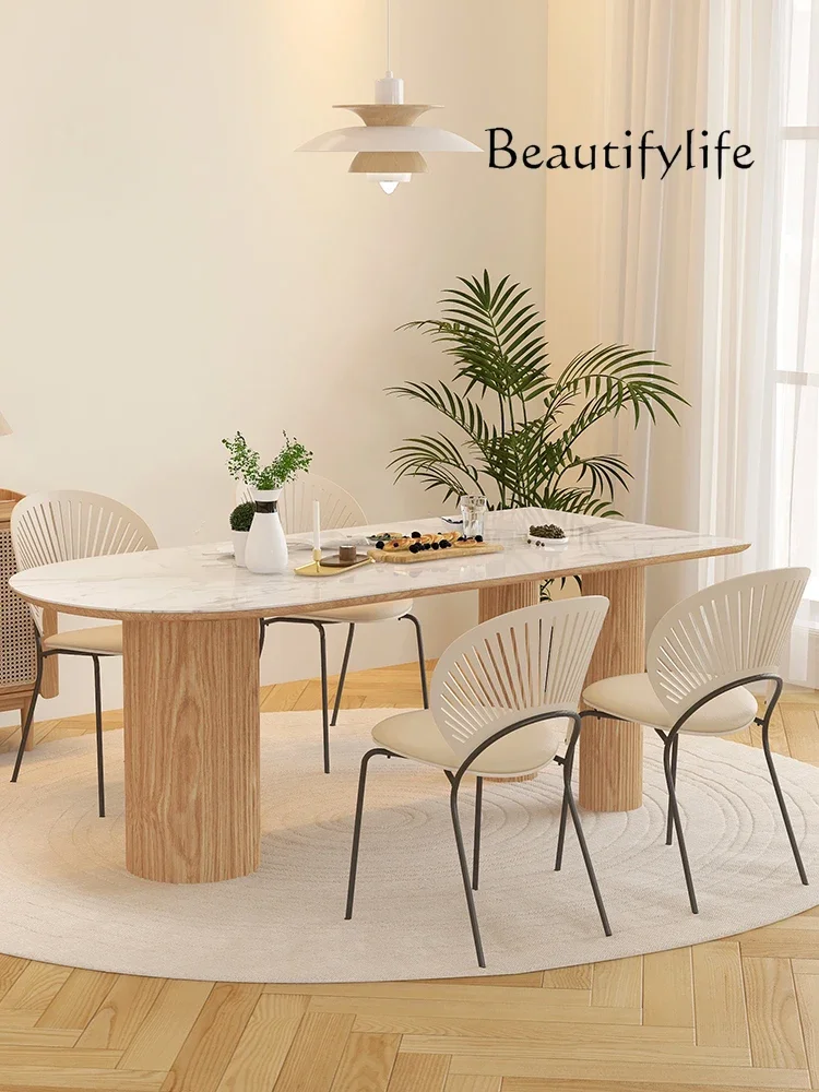 Stone Plate Solid Wood Dining Tables and Chairs Set Nordic Household Bright Semi-Guide Dining Table Log Cream Style