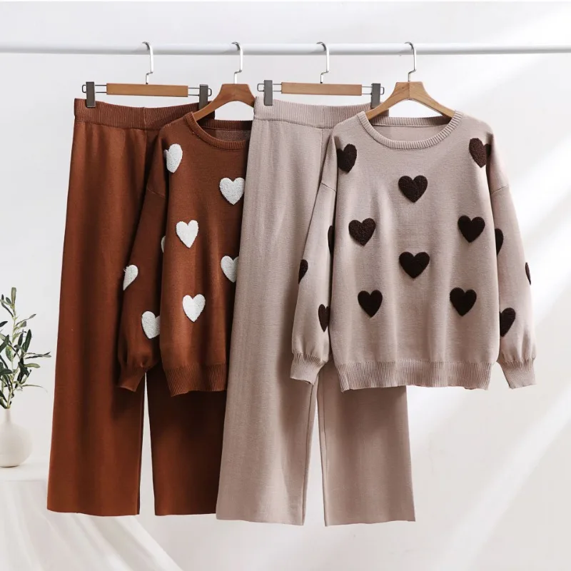 Vintage Love Two-piece Loose Women Fashion Knitted Sweater Pants Suit Women Autumn Winter New Elegant Sweater Women Clothing