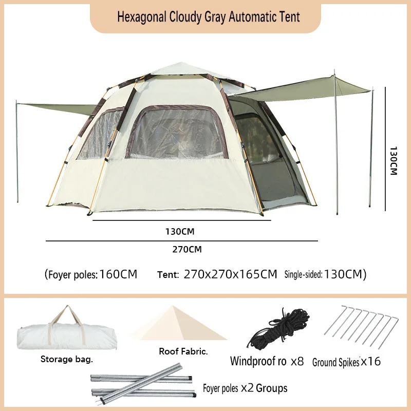 Hexagon Camping Automatic Tent 5~8 People  Large Space Park Picnic Vinyl Sunscreen Panorama Window Quick Open Tent