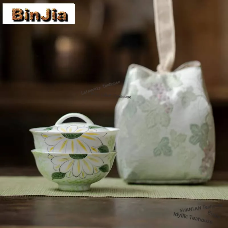 

Портативный чайный набор ручной росписи с маргаритками, элегантный 1 чайник, 2 чашки, чайница, кемпинг, пикник, путешествия, тоут, коробочка, стандартный чайный набор