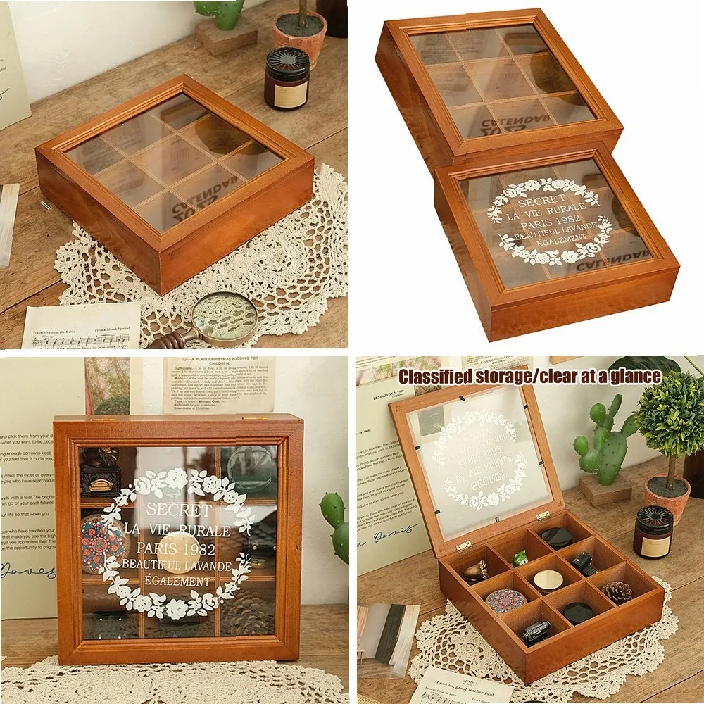 Wood Tea Bag Holder with Drawer & Window, 9-Compartment Countertop Organizer for Sugar Packets, Coffee Pods & Tea Box