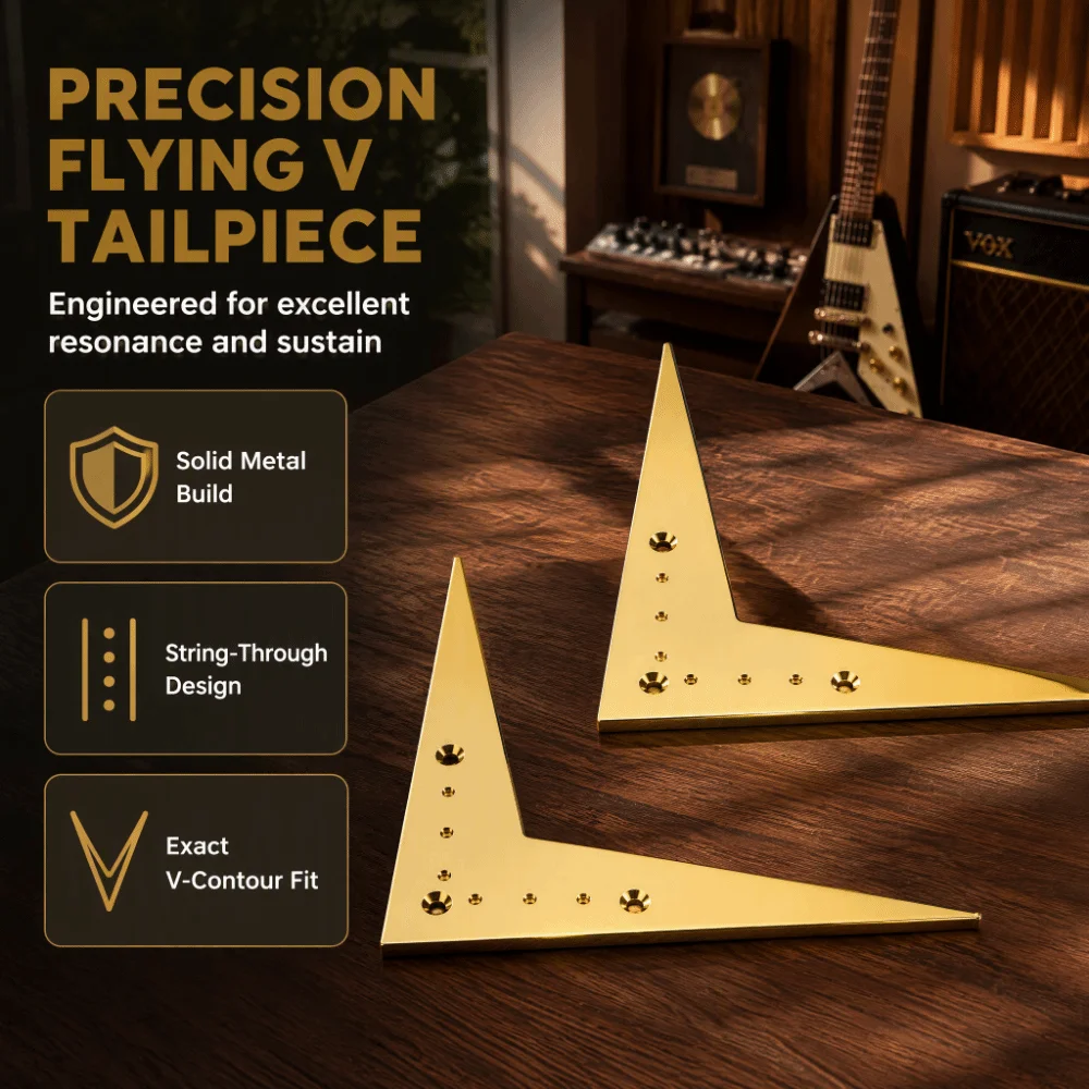 2PCS V Shaped Design Guitar Bridge Tailpiece 6-String Compatible Black /Golden Flying V Bridge Metal 6-String Tailpiece