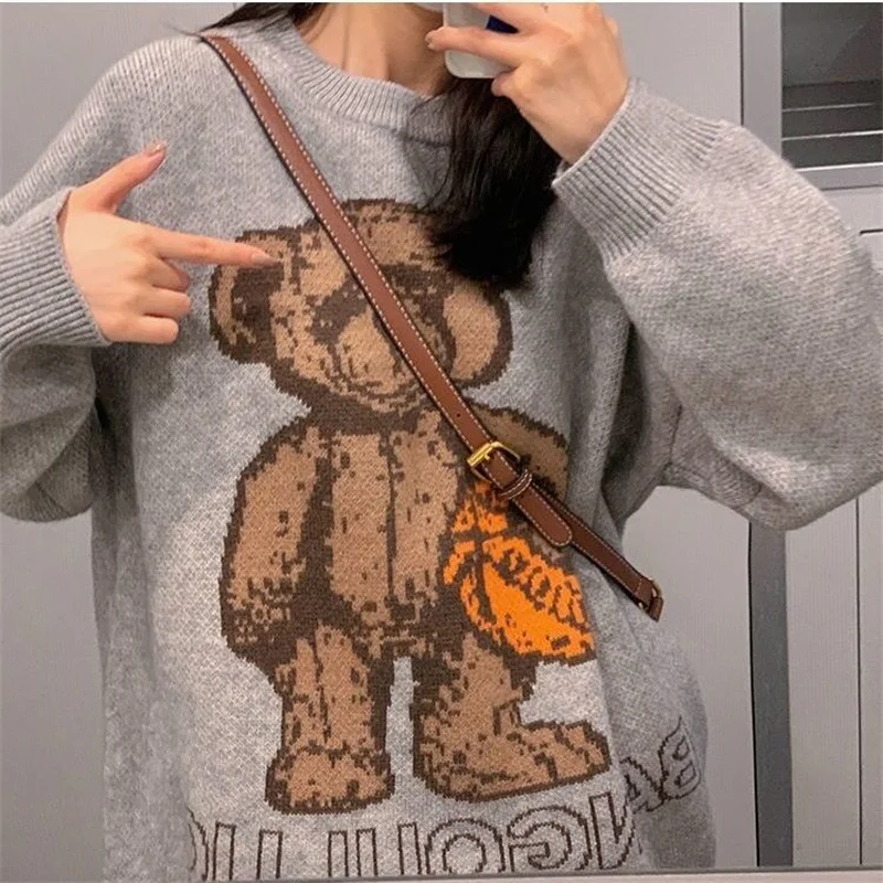 Japan Style Harajuku Women\'s Sweater Oversize Loose Vintage Clothes Autumn Winter Woman Jerseys 2024 Little Bear Pullover Blouse