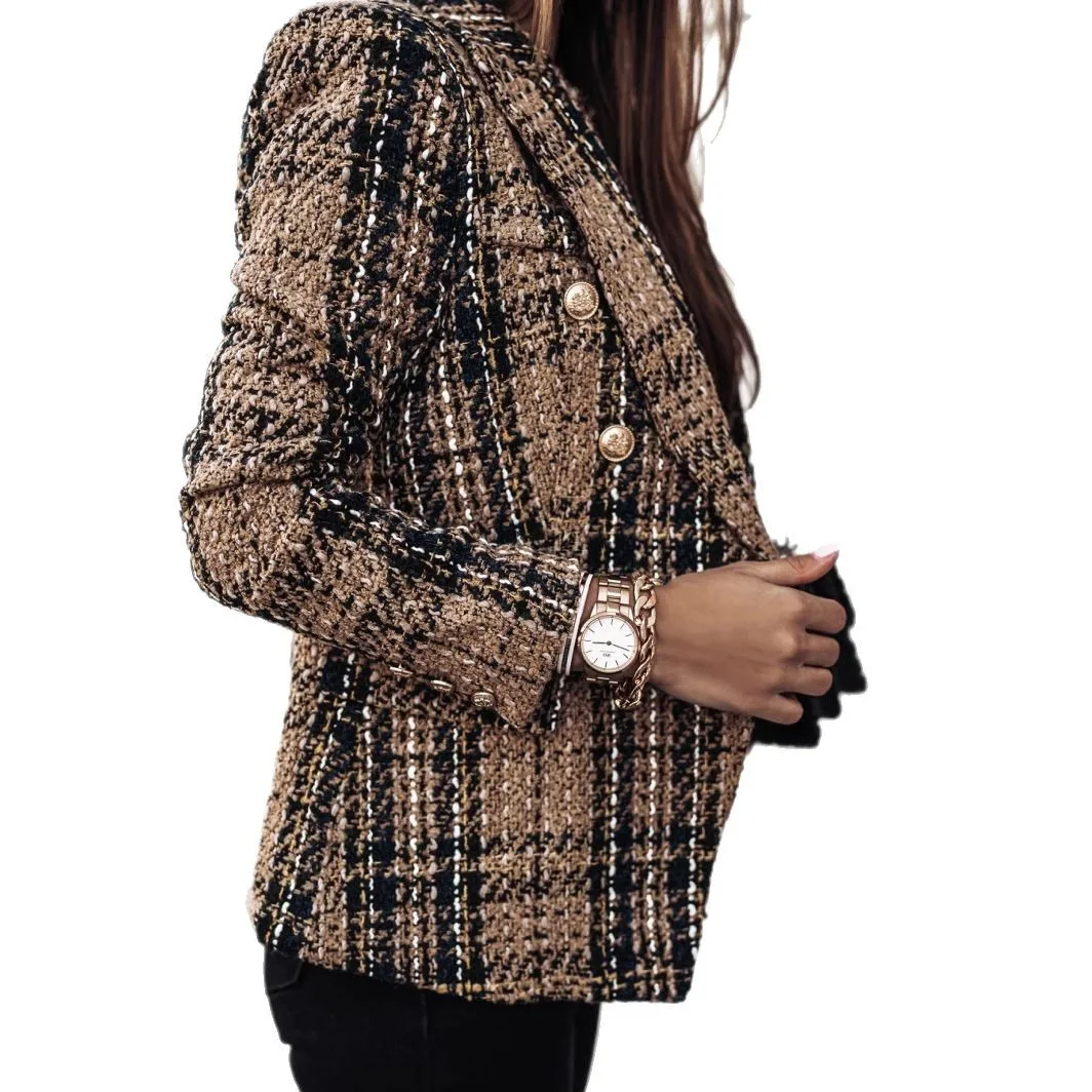 Autumn Winter New Style Women's Long Sleeve Double Button Printed Suit Jacket Slim Fit Princes Sleeve Embroidery Regular Length