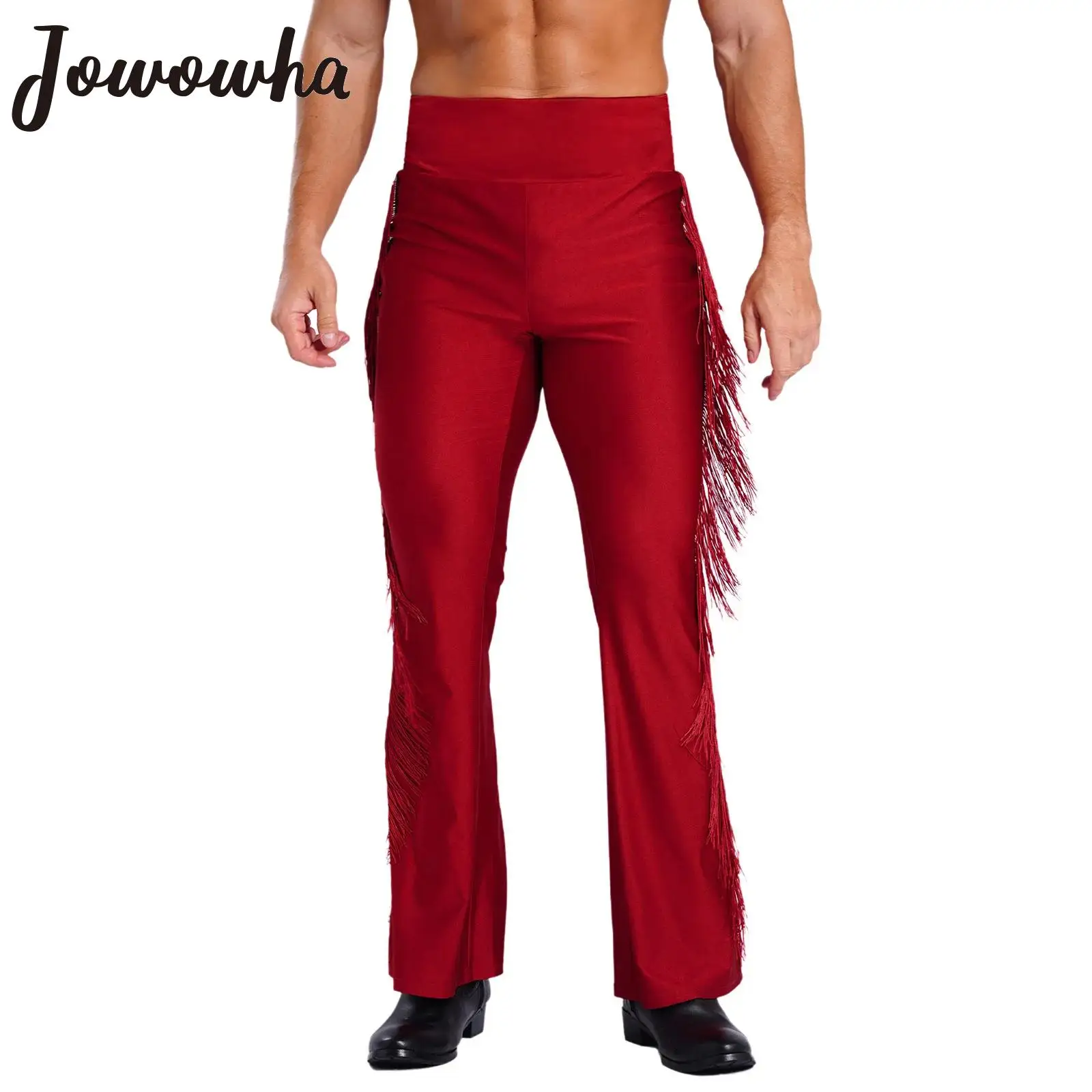 Mens Tassel Flared Pants Vintage High Waist Bell-Bottom Trousers Jazz Cha-cha Tango Dance Disco Party Stage Performance Costume