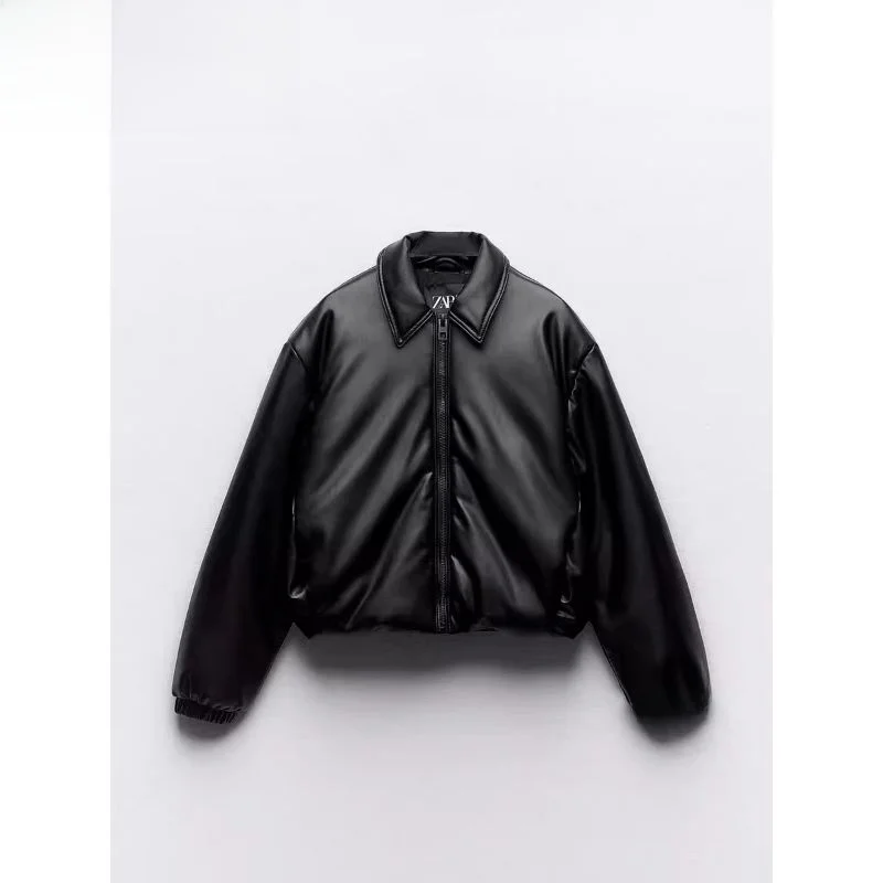 

New Arrival Autumn 2023 Women's PU Leather Jaet Cotton Vest ort Outerwear Faion Commute Loose Fit Long Sve Zipper