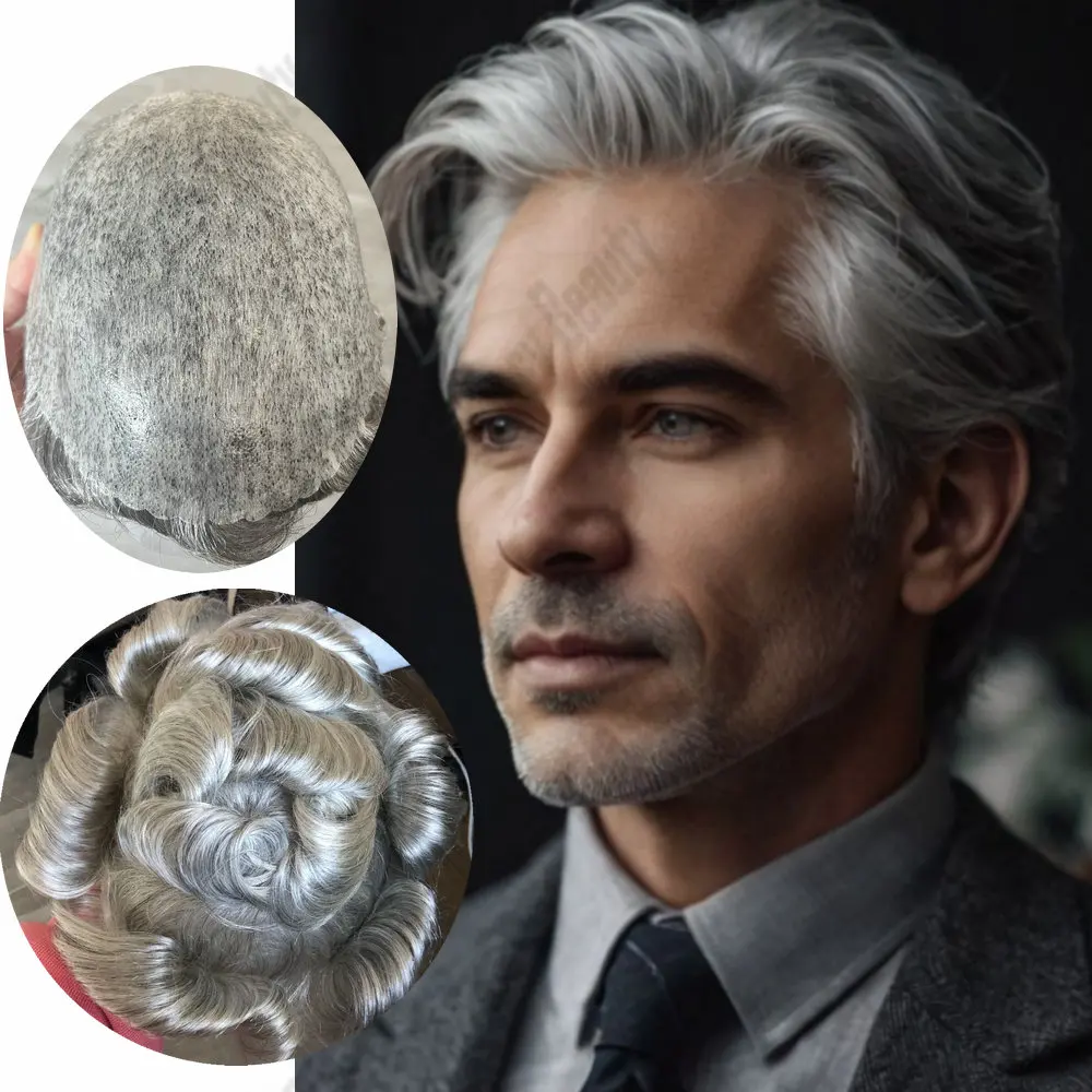 

Men's Toupee Full PU 0.1mm Thin Skin 1b80Grey Black Brown Men's Capillary Prosthesis Indian Human Hair Wave Straight Hairpieces