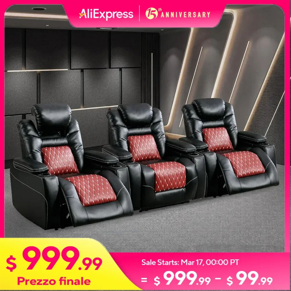 

Recliner Chair with Adjustable Powered Headrest Set of 3,Electric Faux Leather Home Seating Overstuffed Reclining Furniture