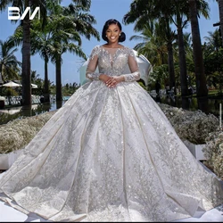 Sparkle Beaded Wedding Dress Long Illusion Sleeve Scoop Neck Luxury Customized Bride Dresses Rhinestones Arabic Bridal Gown