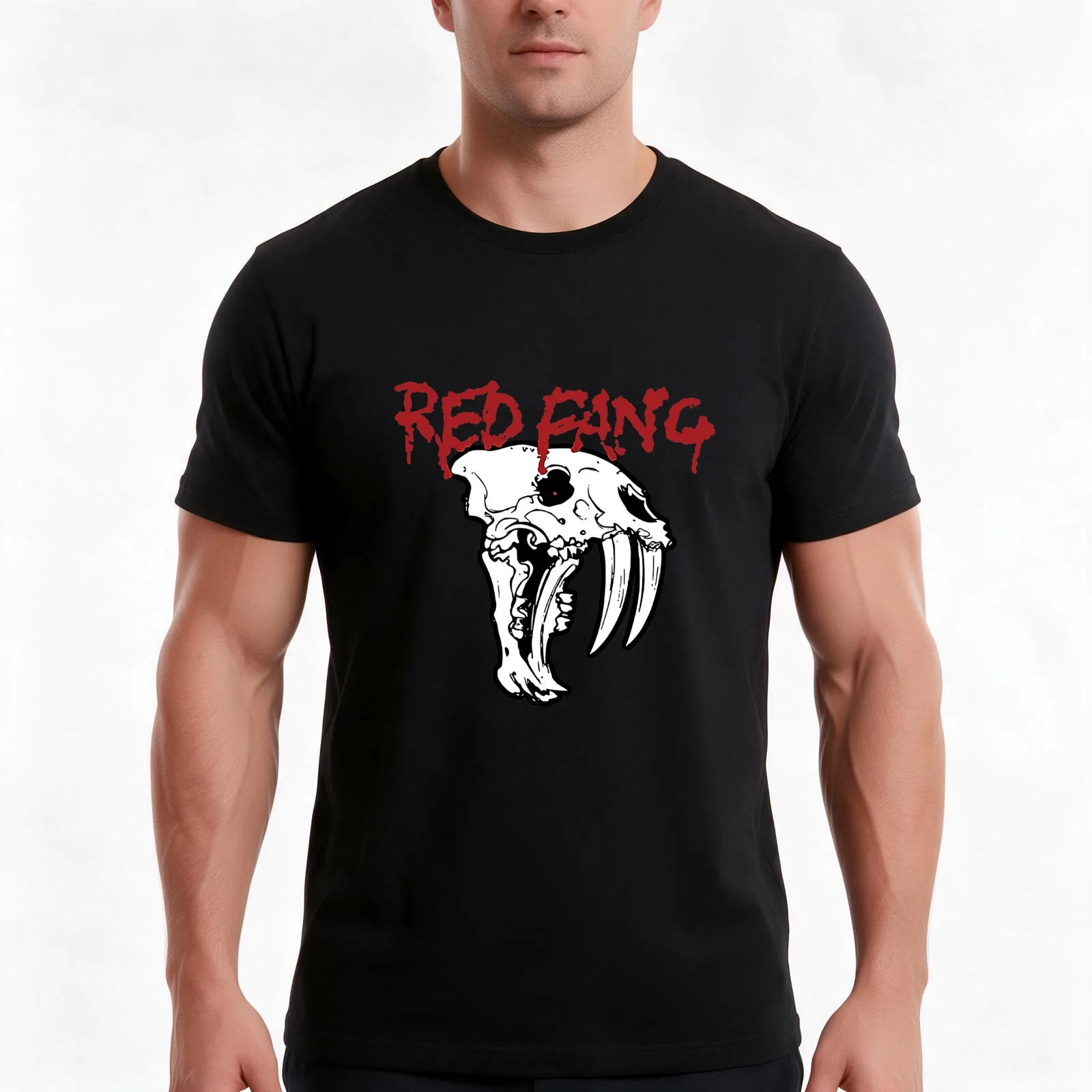 red fang T-Shirt, Summer Casual Cotton Tee, Oversized Streetwear Tops, Vintage Graphic Print, Loose Fit Short Sleeve