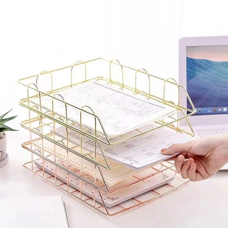 Metal Stackable Paper Tray Desk Organizer Rose Gold Metal Letter Trays for File Paper Organizer Desk Organizer File Organizer