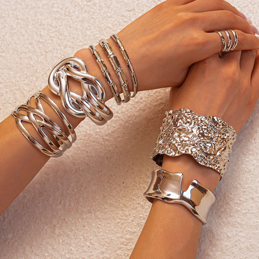 Punk Silver Color Metal Stainless Steel Bracelets for Women Men Irregular Geometric Opening Bracelet Cuff Bangles Hand Jewelry