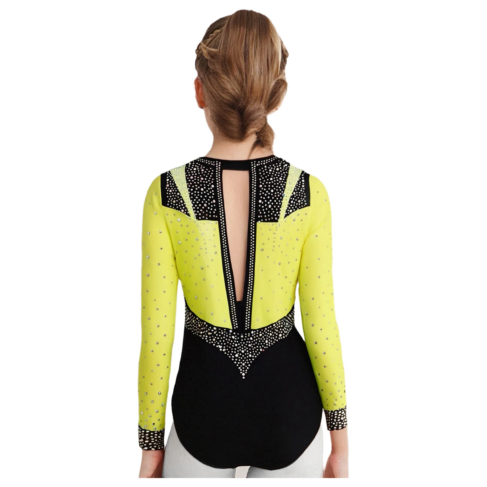 Girls Rhinestones Gymnastics Leotards Long Sleeve Figure Skating Bodysuit Dancewear Ballet Ballerina Stage Performance Costumes
