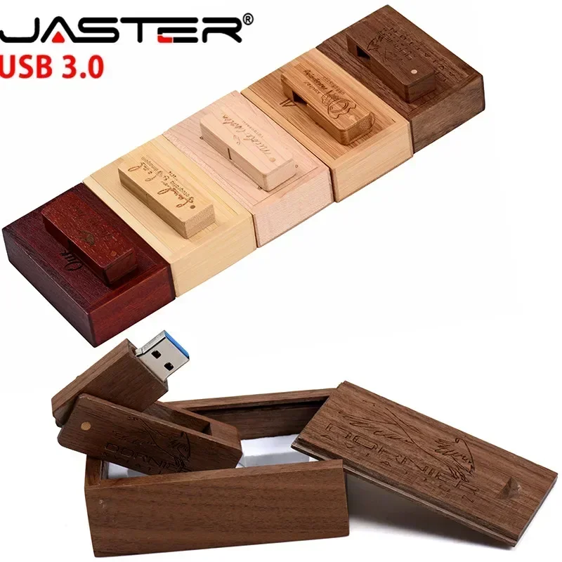 JASTER-memoria usb 3,0 de madera con logotipo personalizado gratis, pendrive con caja de 4GB, 8GB, 16GB, 32GB, 64GB y 128GB, regalo