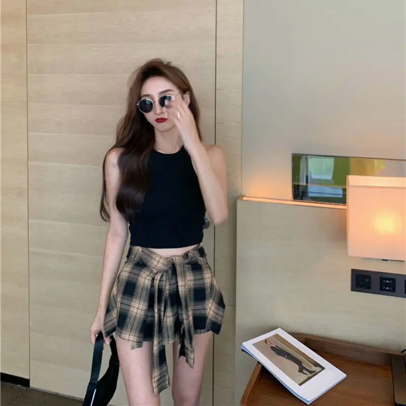 Female Trend Women\'s Casual Off Shoulder Blouse Ladies Summer Sexy Slim Korean Irregular Plaid Shorts + Crop Tops Streetwear Set