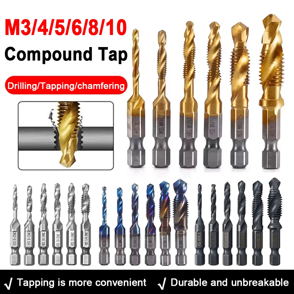 

1/6Pcs Tap Drill Bit Set Hex Shank Titanium Plated HSS Screw Thread Bit Screw Machine Compound Tap M3 M4 M5 M6 M8 M10 Hand Tools