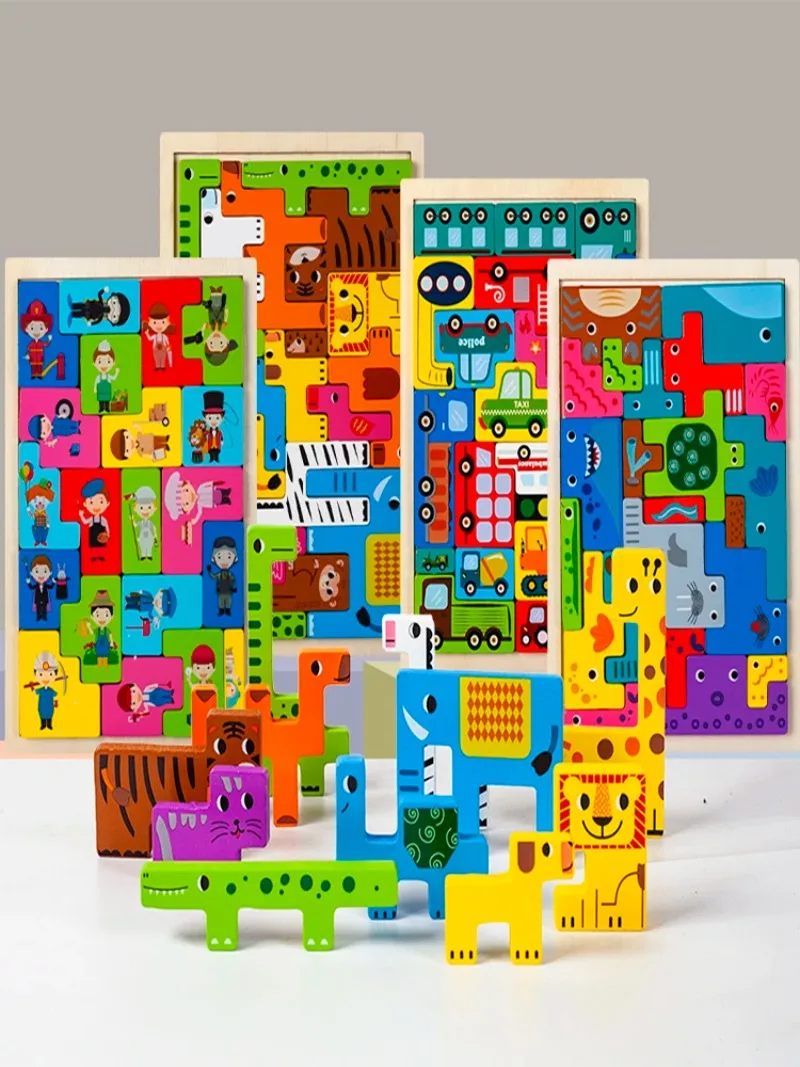 New Cartoon 3D Puzzle Wooden Tangram Math Toys Cube Game Children Pre-school Magination Shapes Puzzle Educational Toy for Kids