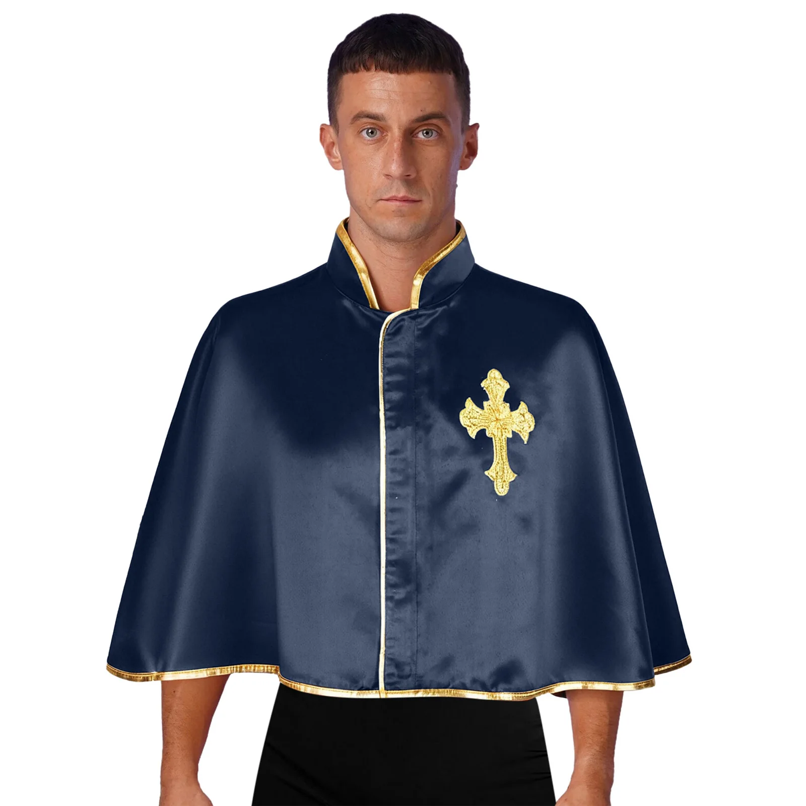 

Men Halloween Priest Prince Crop Cape Christian Cross Embroidery Metallic Shiny Trim Shawl Churchman Liturgical Worship Outfits