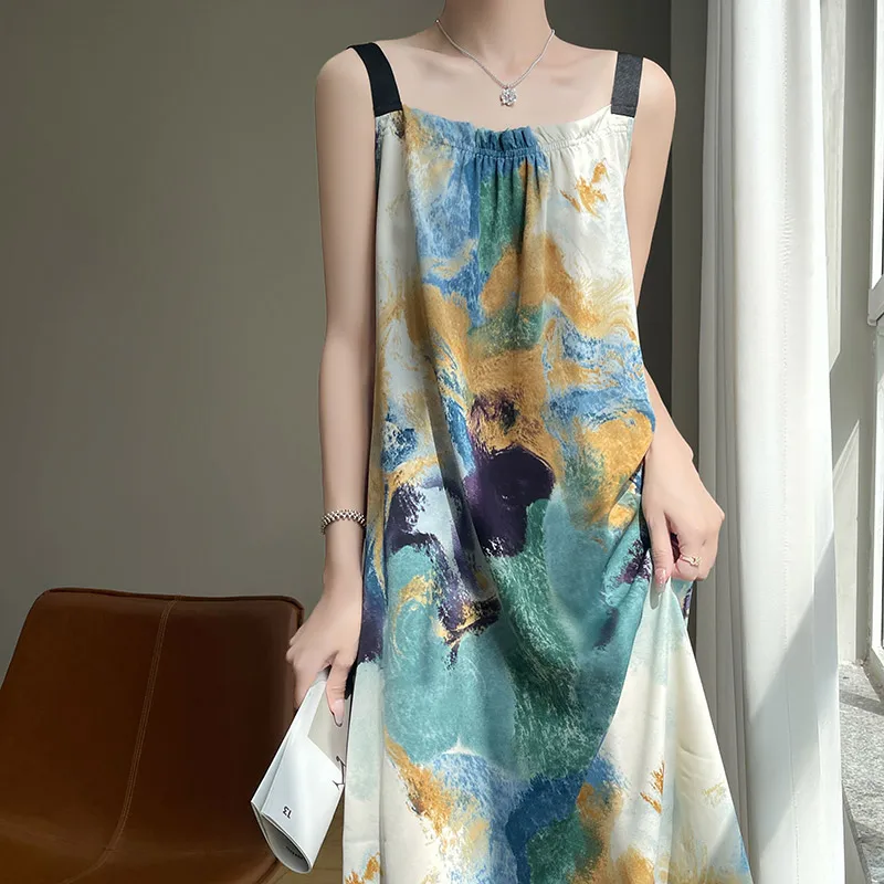 

Women's silk dress summer new one-word collar and calf skirt ladies' clothes casual printing long sling loose skirt