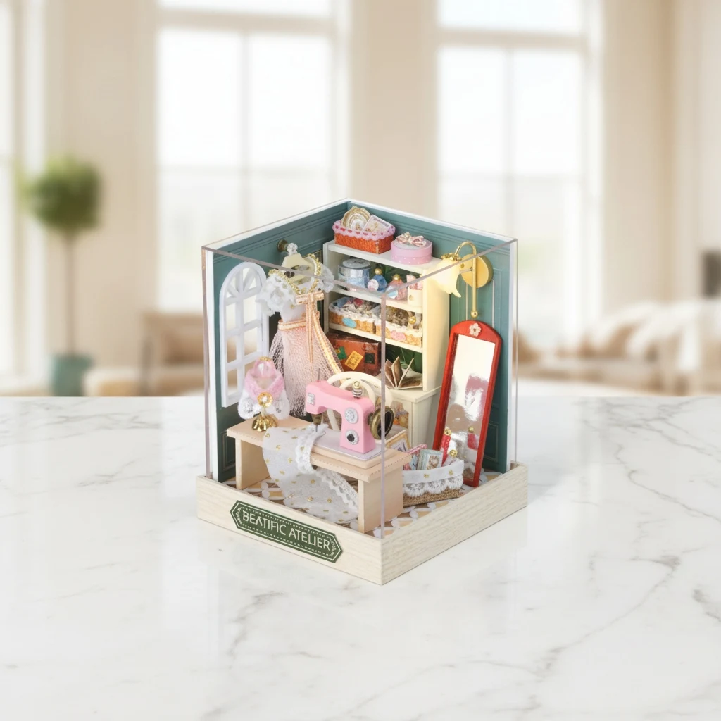 مجموعة نماذج منزلية "Happiness Studio" خشبية ثلاثية الأبعاد من OUZEY - مجموعة حرفية مصغرة مبتكرة، هدية ديكور مكتب منزلي للمراهقين #4