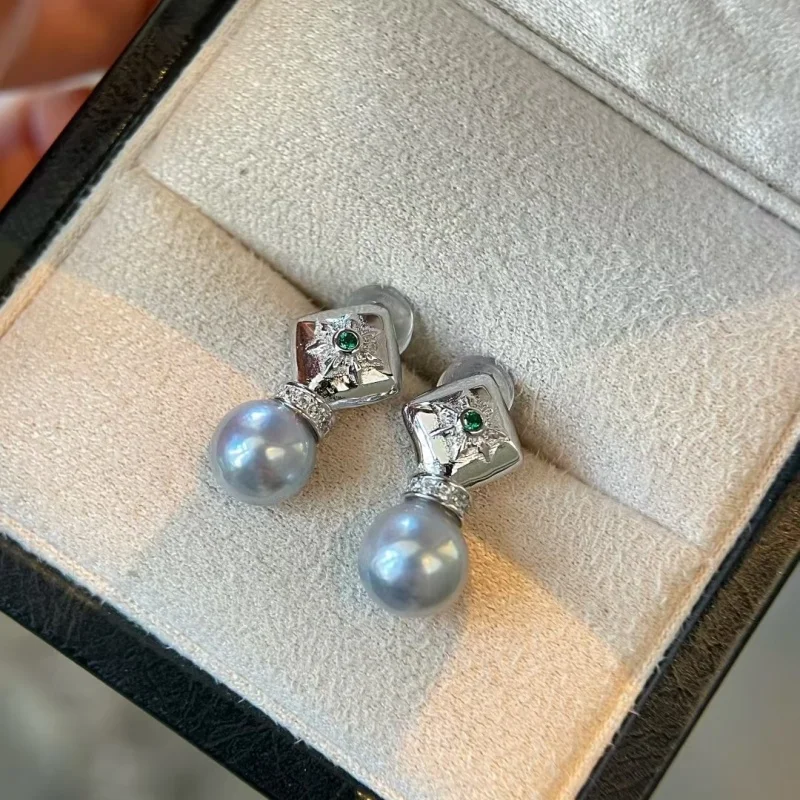 

SGARIT Akoya Pearl Studs with Silver-Blue Gray Overtone 925 Sterling Silver Pearl Earrings Women's Jewelry Gifts