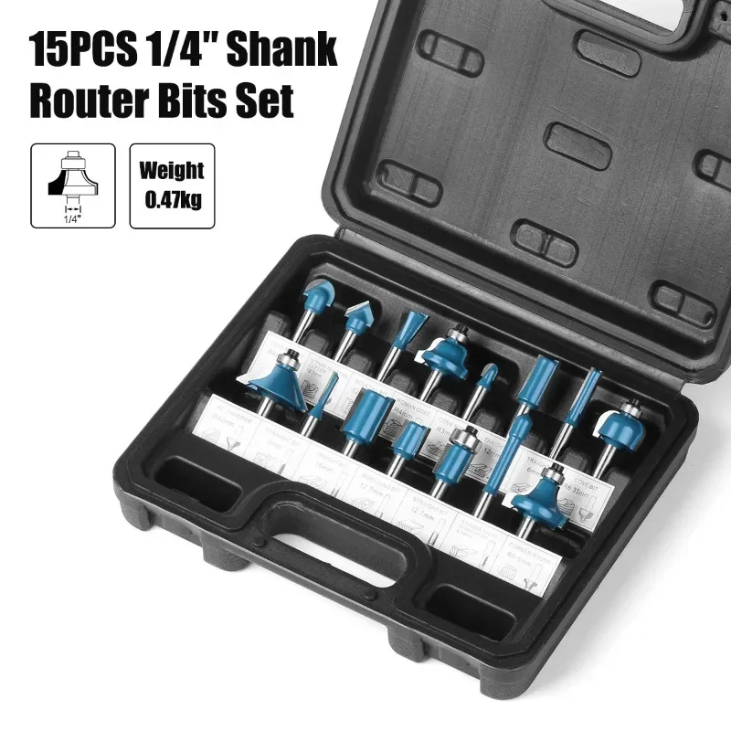 

15PCS 1/4in Practical Shank Router Bit Set Trimming Straight Beading Milling Cutter Tungsten Carbide Cutting Woodworking Tool