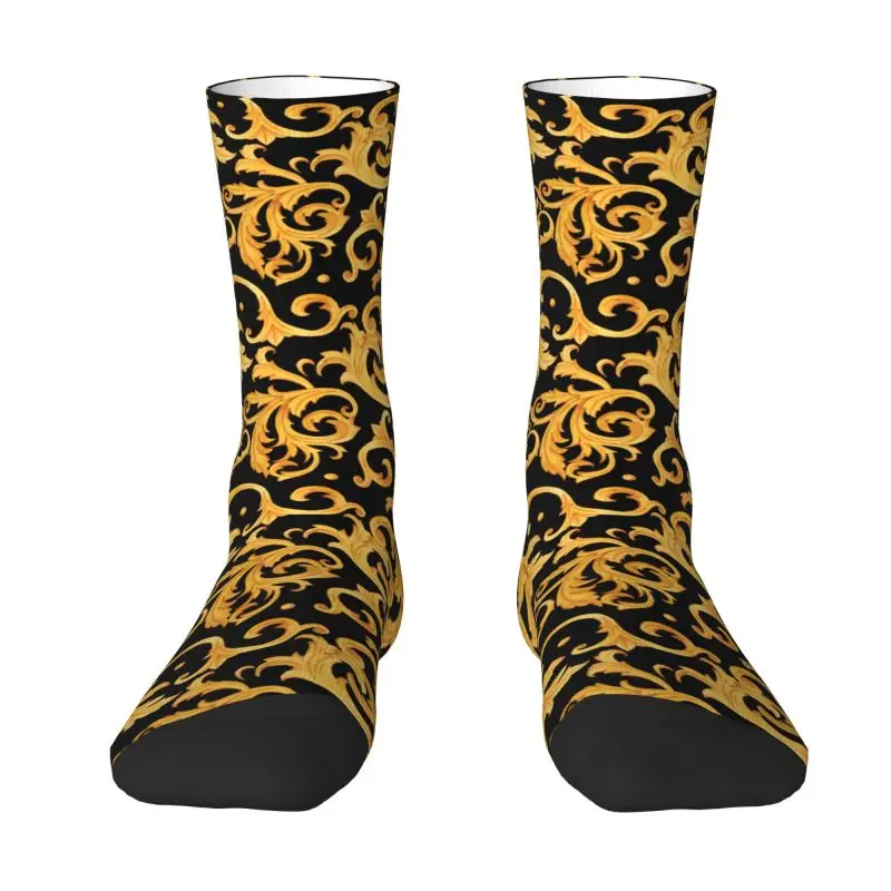 Funny Mens Luxury Golden European Floral Dress Socks Unisex Warm Breathbale 3D Printed Baroque Victorian Art Crew Socks