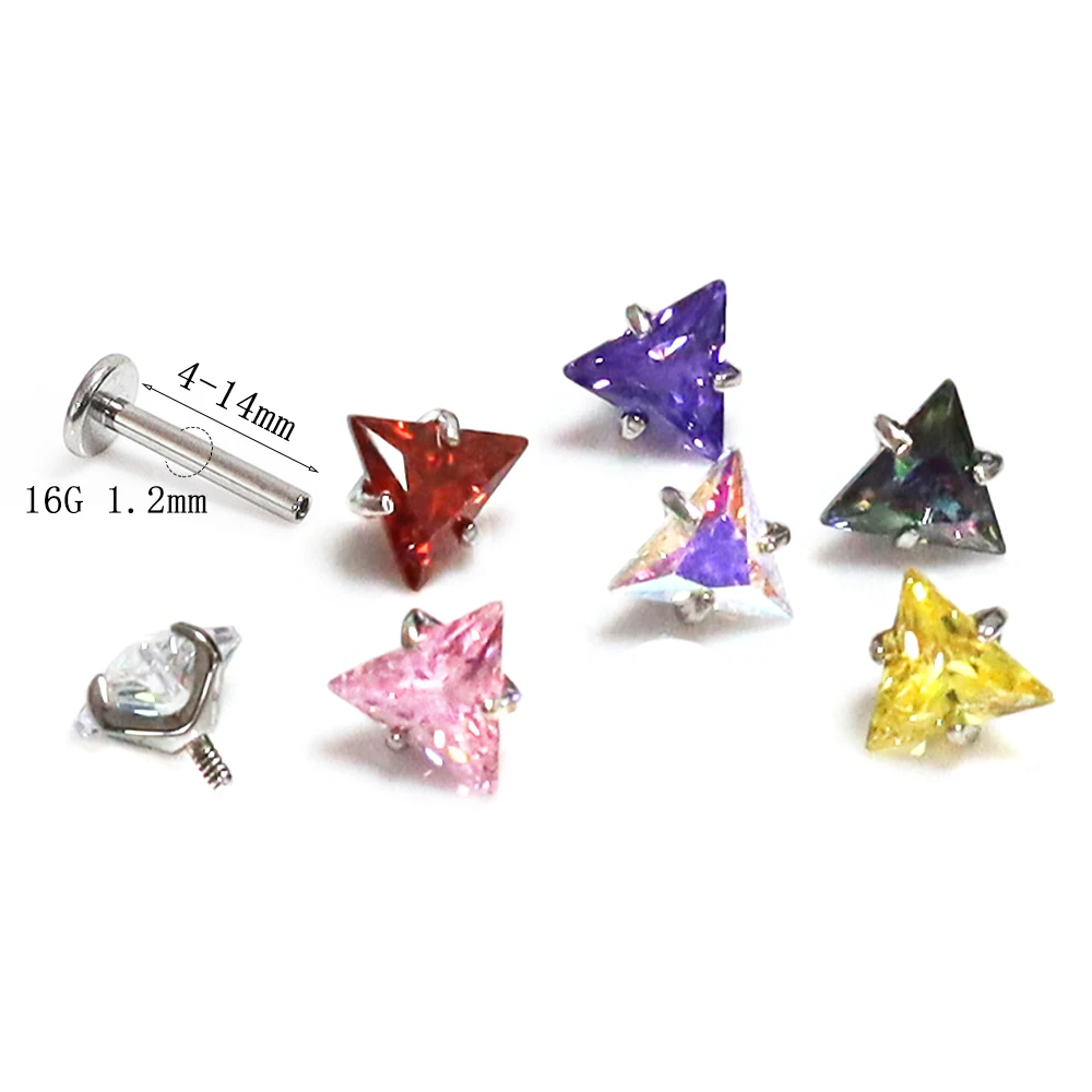 F136 Titanium Alloy Triangular Claw Zirconium Thread Inlaid With 5a Zircon Lip Nail, Ear Bone Nail, Human Puncture Accessory