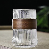 400ML Japanese Style Glass Water Cup with Walnut Cup Sleeve Coffee Milk Tea Cup Simple Striped Beer Mug Drinkware Coffeeware