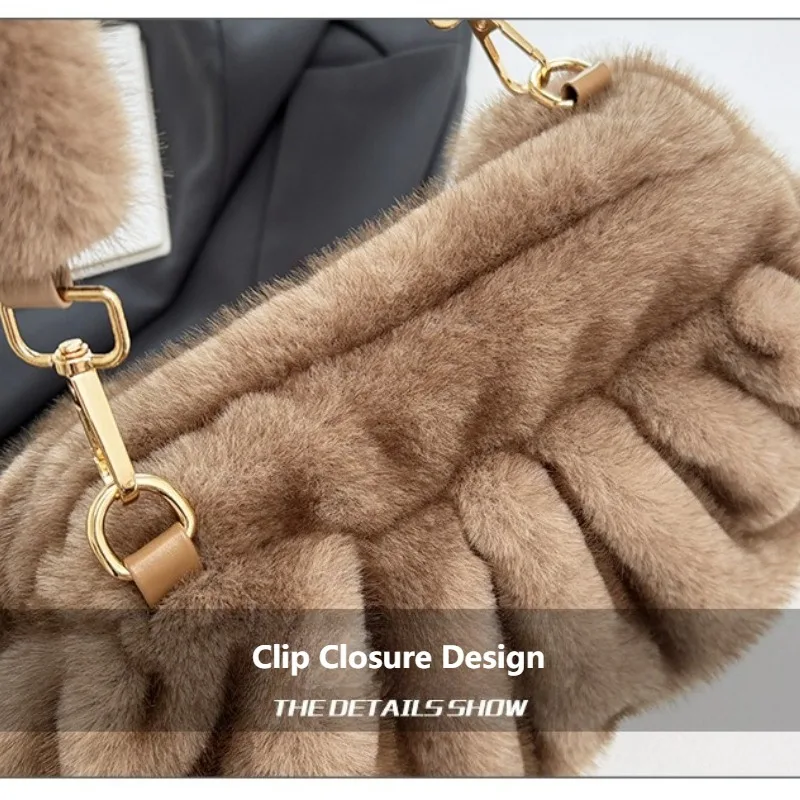 Puszysta damska torba - duża pojemność, nowość na jesień/zimę, niszowa futrzana torba na ramię/przez ramię z plisowanym wzorem typu tote.