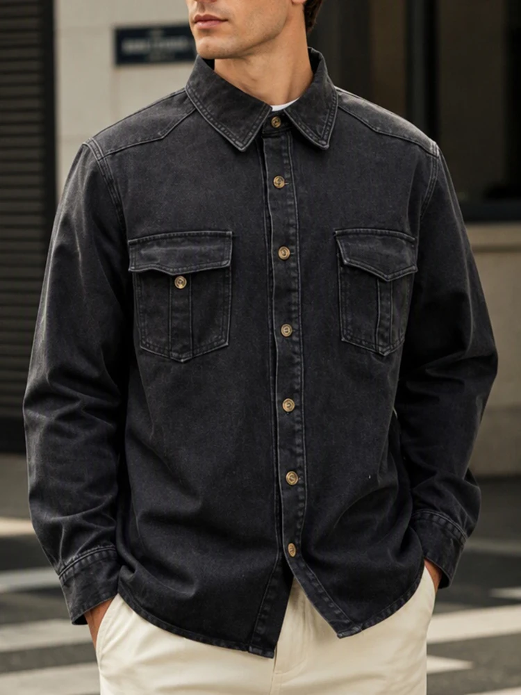 Men's Vintage Washed Denim Shirt Turn‑Down Collar Long Sleeve Double Chest Pockets Button‑Down Fit Casual Streetwear Male Tops