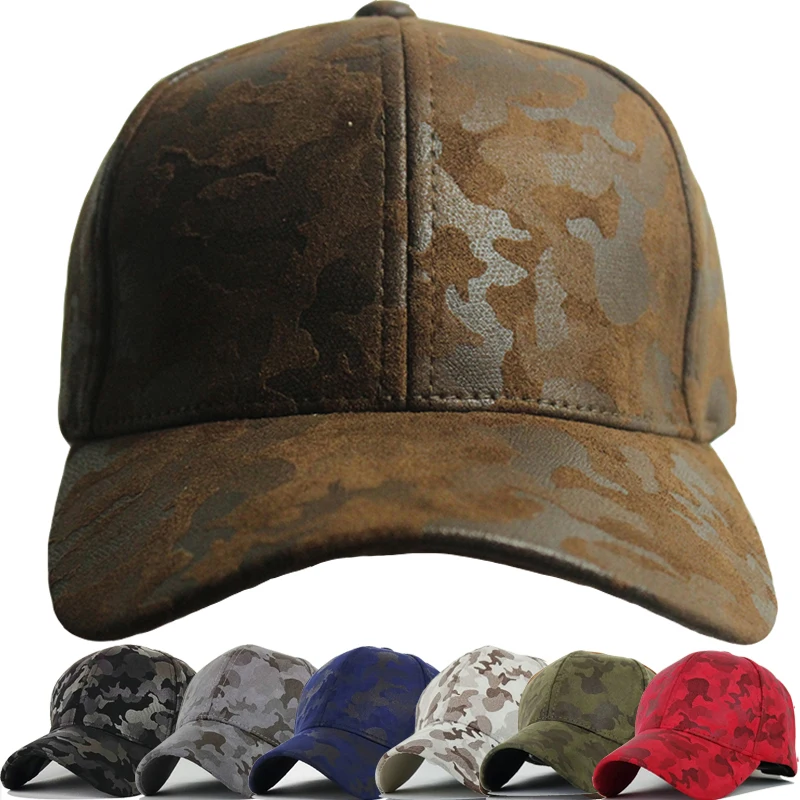 Vintage Army Green Brown Grey Camo Snapback Leather Men Suede Baseball Cap Camouflage Red Navy