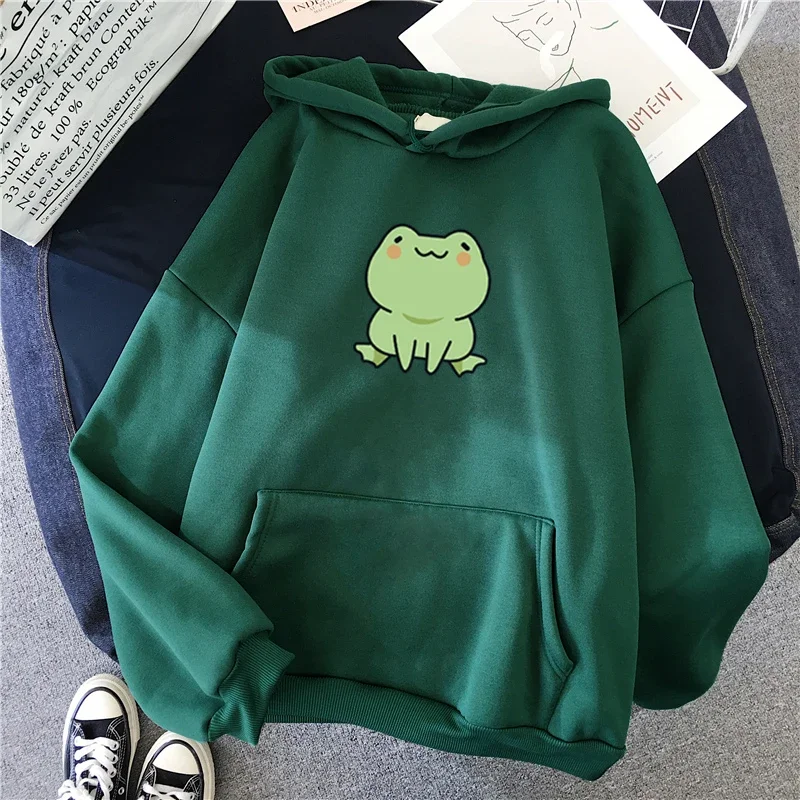 Frog Sweatshirt Cartoon Clothes Harajuku Long Sleeve Hooded Kawaii Hoodie for Girls Winter Fleece Hoodies Pocket Green Tops