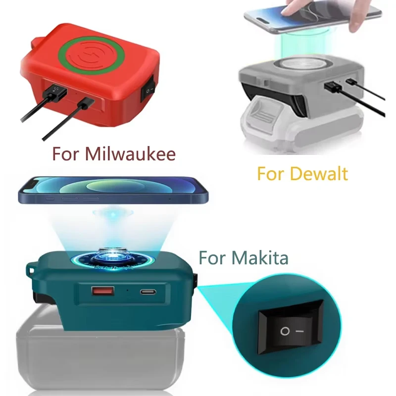 

Адаптер для беспроводной зарядки телефона с литий-ионным аккумулятором Makita/Dewalt/Milwaukee 18 В и USB-портом для зарядки Type-C Power Bank