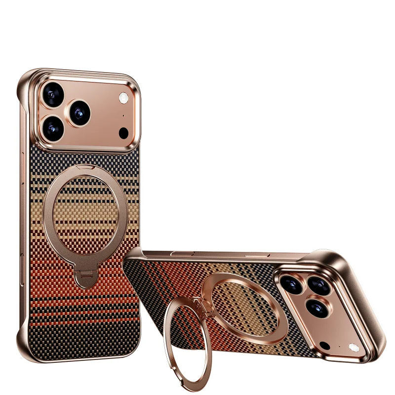 

Luxury Fiber Textured Magnetic Phone Case for iPhone 17 14 15 16 Pro Max With Rotation Ring Stand Cover Plating Frameles