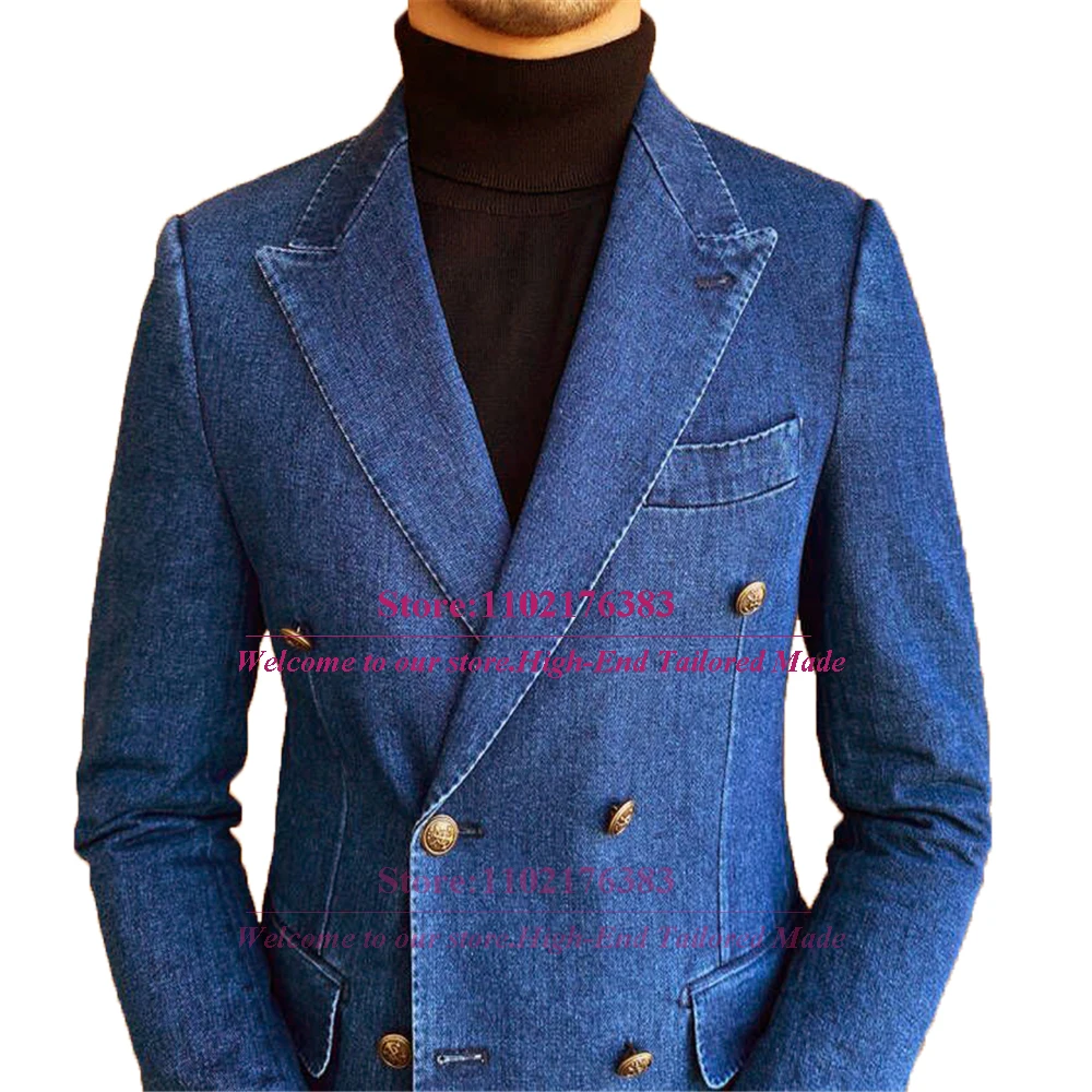 Azul denim menino ternos doule breasted blazer com calças 2 peças formal casamento smoking tailore-feito crianças roupas vestido