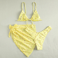 Yellow Floral Print Swimwear Mesh Cove Ups 3 Piece Bikini Set Damen Sexy Swimsuit Women 2025 Beach Wear Bikinis Swimming Wear