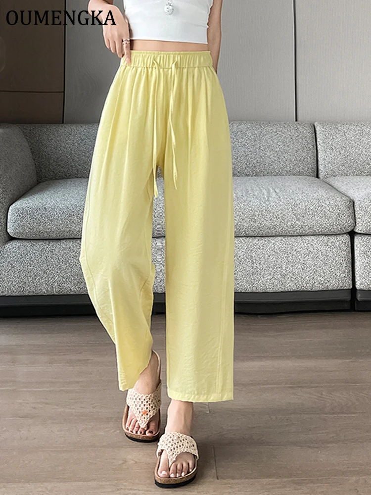OUMENGKA Women Summer Yellow&Green Thin Cotton Linen Casual Pants High Waist Wide Leg Ankle Chic Pants Daily Easy Wear Trousers