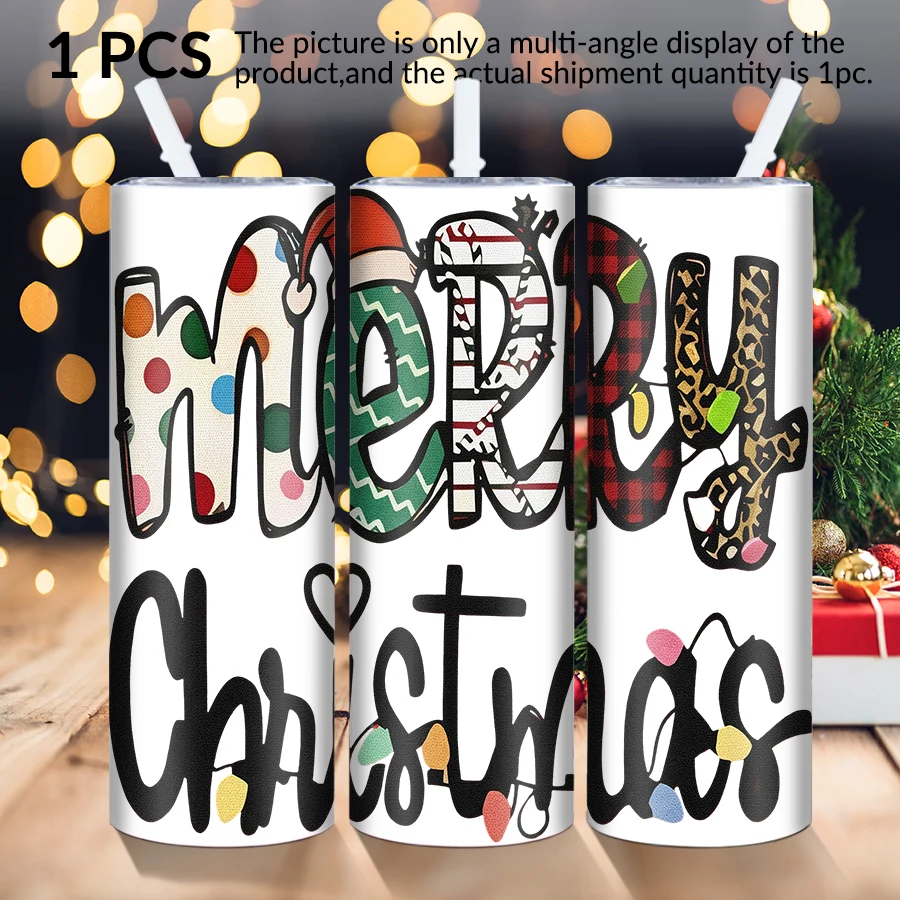 1pc 20Oz stainless steel straight cup with straw lid Merry Christmas text elements suitable for Christmas and Halloween as gifts