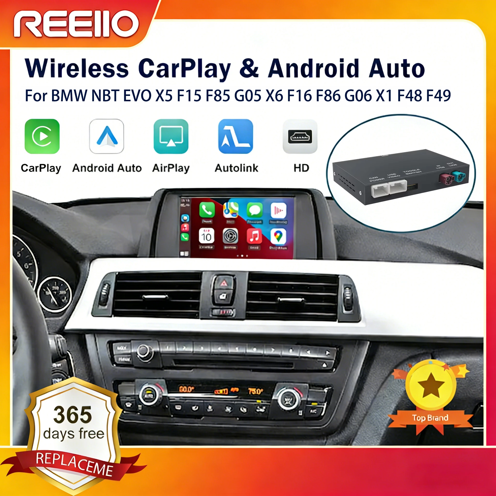 REEIIO Draadloze CarPlay Android Auto voor BMW NBT EVO X5 F15 F85 G05 X6 F16 F86 G06 X1 F48 F49 met BT MirrorLink Decoder Box - afbeelding 2