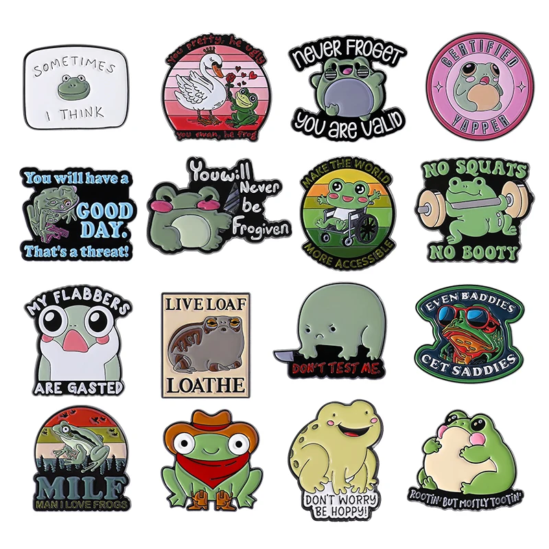 

Cartoon Cute Frog Quotes Series Enamel Pins Don't Test Me Frog With Knife Brooches Lapel Badge Animal Jewelry Gifts For Friends
