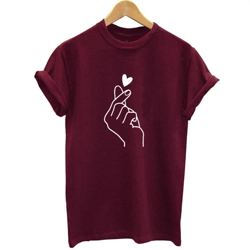 T-shirt décontracté à manches blanches pour femmes, col rond, imprimé cœur et fleur, amour et graphique, base, 6 couleurs, A28